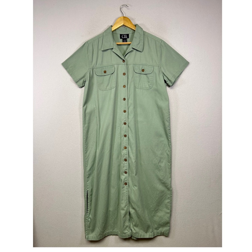 Utility Safari C.B. Casual Women Large Sage Green Cotton Button Front Maxi Dress